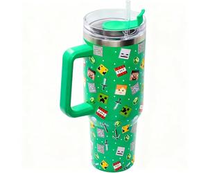 Minecraft 1.2L Insulated Tumbler Mug - Cold 17Hrs - Hot 5Hrs - Straw & Lid | Leak Proof Travel-Mug | Stainless Steel Vacuum Insulated Water Bottle with Handle, Green