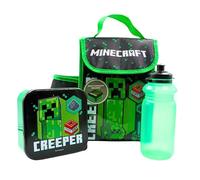 Minecraft 3 Piece Kids School Lunch Bag Set Inc Multi Compartment Bento Lunch Box, 400ml Water Bottle + Insulated Lunch Carry Bag & Drinks Holder | Official Merchandise
