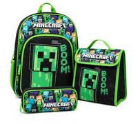 Minecraft 3 Piece School Set for Kids Officially Licensed Creeper Backpack Lunch Bag And Pencil Case Durable Polyester Material Vibrant Green Design Ideal Back to School PE Bag