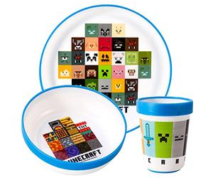 Minecraft 3pcs Reusable Bicolor Premium Kids Dinner Tableware Set Plate, Bowl & Tumbler, BPA Free