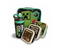 Minecraft 5 Piece Lunch Set Kids School Lunch Bag, 450ml Lockable Water Bottle, 3 Nesting Snack Boxes Featuring Creeper, Skeleton, Enderman - Gift for