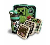 Minecraft 5 Piece Lunch Set Kids School Lunch Bag, 450ml Lockable Water Bottle, 3 Nesting Snack Boxes Featuring Creeper, Skeleton, Enderman - Gift for Minecraft Fans