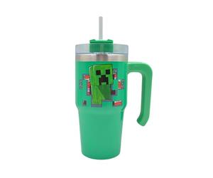 Minecraft 600ml Creeper Thermal Mug Water Bottle + Straw & Lid | Leak Proof Travel Cup | Stainless Steel Vacuum Insulated + Handle - Cold 17Hrs - Hot 5Hrs, Green