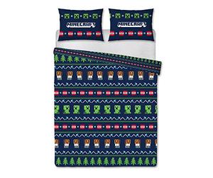 Minecraft Alpine Christmas Bedding Double Duvet Cover Officially Licensed Reversible Two Sided Creeper with Matching Pillowcase, Polyester, Green