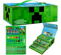 Minecraft Art Supplies Set with Colouring Pencils Felt Tip Pens Watercolour Paints Wax Crayons for Drawing Painting Set Creeper Travel Art Set Gamer