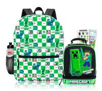 Minecraft Backpack and Lunchbox Set - 16” Video Game Creeper Backpack with Insulated Lunch Box Plus Stickers, Water Bottle, More | Minecraft School Bag for Kids, Boys