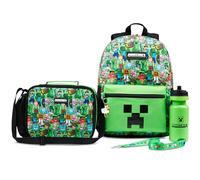 Minecraft Backpack Set 5 Pcs Water Bottle Insulated Lunch Bag Pencil Case Drawstring Bag or Lanyard Keyring School Supplies (Green AOP)
