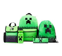Minecraft Backpack Set 5 Pcs Water Bottle Insulated Lunch Bag Pencil Case Drawstring Bag or Lanyard Keyring School Supplies (Green)