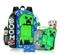 Minecraft Backpack with Lunchbox for Boys Set - 16” Creeper Video Game Backpack, Lunch Box, Keychain, Pencil Holder, Stickers, Water Bottle, More | Minecraft School Bag for Kids