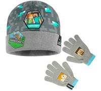 Minecraft Beanie Hat or Winter Accessories Set | 3 Pcs with Scarf & Gloves | 2 Pcs with Gloves | or 1 Pcs Beanie or Bucket Hat (Grey Hat & Gloves, 6-14 Years)