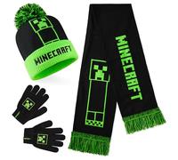 Minecraft Beanie Winter Accessories Set Boys Teens, 3pcs Hat Scarf Gloves | or 2pcs Gloves & Winter Hat, Warm Knit, Boys Gifts (6-14 Years, Green/Black Minecraft)
