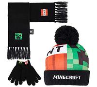 Minecraft Beanie Winter Accessories Set Boys Teens, 3pcs Hat Scarf Gloves | or 2pcs Gloves & Winter Hat, Warm Knit, Boys Gifts (4-12 Years, Green/Red Minecraft)