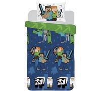Minecraft Bedding Single Duvet Cover Set - Official Reversible Boys Blue Green Bedding - Kids Gamer Bedroom - Soft Polycotton - Pixel Print Creeper/Characters