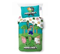 Minecraft Bedlinen Single Size | Duvet Cover 140x200 cm + Pillowcase 60x65 cm, 100% Cotton | Soft, Colorful & Reversible Bedding Set for Kids | Minecraft ''Jungle Explore'' Design