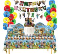 Minecraft Birthday Party Kit for Boys Kids - Complete Tableware Set with Happy Birthday Banner, Balloons, Tablecloth, Paper Plates, Cups, Napkins & Cake Toppers | Minecraft Party Decorations