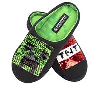 Minecraft Black Kids Boys Slippers - Reversible Sequin Slippers Creeper & TNT Box Design Clothes -Slip On Mules Size UK 1/33 EUR/Age 8