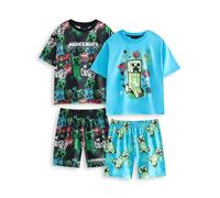 Minecraft Boys 2 Pack Pyjama Set Long OR Short Option | Children's Multicoloured Graffiti All Over Print Multi-Pack PJs | Kids Night Bottoms and Tops TNT & Creeper Graphic Mojang