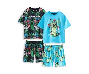 Minecraft Boys 2 Pack Pyjama Set Long OR Short Option | Children's Multicoloured Graffiti All Over Print Multi-Pack PJs | Kids Night Bottoms and Tops TNT & Creeper Graphic Mojang