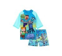 Minecraft Boy's 2 Piece Swim Set Rash Vest & Shorts in Blue | Size: 11-12 Years Minecraft Blue 11-12 Years