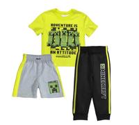 Minecraft Boys 3 Piece Creeper Pants Set - Short Sleeve T-Shirt, Shorts and Jogging Bottoms 3 Pack for Boys, Lime Green/Grey/Black, 10