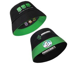 Minecraft Boys Bucket Hat, Sun Hat for Kids Beach Summer Holiday Essentials - Gifts for Gamers (Black/Green Reversible)