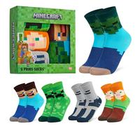 Minecraft Boys Calf Length Socks, Soft Breathable Creeper Everyday Sports School Socks Multipack - Gifts for Gamers (Green Square/5 Pack, 12/3 UK, 6-9 Years)