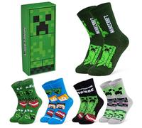 Minecraft Boys Calf Length Socks, Soft Breathable Creeper Everyday Sports School Socks Multipack - Gifts for Gamers(Green Rectangle/5 Pack, 12/3 UK, 6-9 Years)