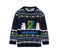 Minecraft Boys Christmas Jumper Style Options Kids Creeper & Snow Characters Knitted Sweater in Blue | Childrens Selburose Pattern Festive Jumper with Snowmen | Mojang Video Game Merchandise Gift