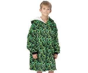 Minecraft Boys Oversized Blanket Hoodie | Boys Creeper Villain Enemy Double Lined Sherpa Fleece Green Sweater | One Size Sweater Big Pocket