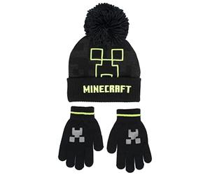 Minecraft - Children's Hat & Gloves Set - Black Woolly Hat & Gloves Warm Beanie Hat for Boys - One Size Fits 6-12 Years Gift for Boys - Official Merchandise