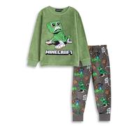 Minecraft Creeper Boys Long Sleeve Long Leg Pyjama Set | Green & Grey Cosy Fleece Sleepwear with Branding | Comfortable Nightwear for Kids Merch - 13-14 Years