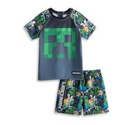 Minecraft Creeper Steve Boys Green 2 Piece Swim Set | Short Sleeve Graphic Tee & Shorts with Pixelated Character Print | Elasticated Waistband Beachwear Merch - 7-8 Years