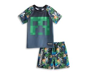Minecraft Creeper Steve Boys Green 2 Piece Swim Set | Short Sleeve Graphic Tee & Shorts with Pixelated Character Print | Elasticated Waistband Beachwear Merch - 9-10 Years