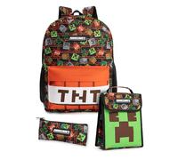 Minecraft Creeper & TNT Unisex Kids Multicoloured 3 Piece Backpack Set | Zipper & Hook Closure | Carry School Supplies | Back to School Essentials Merch