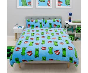 Minecraft Fleece Double Duvet Reversible Kids Creeper Bedding Blue Quilt Cover