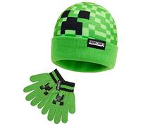 Minecraft Hat And Gloves For Boys, Green Beanie Hat Featuring Creeper Pixel Design, Super Soft and Comfortable Kids Hat, Official Minecraft Merchandise, Great Gaming Gift Idea for Boys or Girls