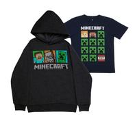 Minecraft Hoodie and T-Shirt Combo 2-Pack for Boys, Boys Minecraft Hooded Sweatshirt and Tee Bundle Set, Grey/Navy, 10-12