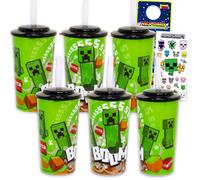 Minecraft Kids 16 Oz Reusable Cups - Video Game Party Favor 6 Piece Bundle with 16 Oz Cup with Lid and Straw Plus Stickers for Boys and Girls | Minecraft Tumbler with Straw