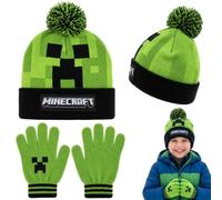 Minecraft Kids Knitted Bobble Hat & Gloves Winter Set - Creeper Face Design, Warm Winter Beanie & Gloves for Boys & Girls, Official Style Gaming Merch