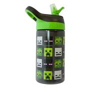 Minecraft Kids Water Bottle 450ml with Flip Spout Straw, Leakproof School Drinks Bottle, BPA Free Travel Bottle with Creeper Enderman Zombie Design, zak! Green