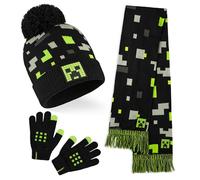 Minecraft Kids Winter Accessories Set - Creeper Beanie Hat Scarf and Gloves - Gaming Gifts for Boys (8-12 Years, Black/Green)