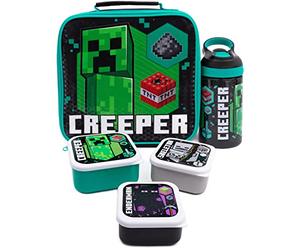 Minecraft Lunch Bag | Kids Creeper Skeleton Enderman 5 Piece School Dinner Bag, BPA Free Water Bottle & 3 Snack Pots | Green Gamer Drink Food Containers