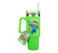 Paladone Minecraft Steve & Creeper 30 oz Green Insulated Cup and Straw, Officially Licensed Quencher Travel Cup with Handle for Iced Tea or Coffee, Gaming Merchandise