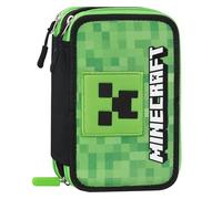 Minecraft Official Minecraft School Pencil Case, 3 Compartments Children's and Youth Pencil Case with Stationery Set, 5 Adhesive Name Labels and Practical Zip Closure, 13 x 20 x 7 cm, Pixel, Casual