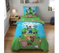 Minecraft Outdoor Mobs Single Duvet Cover 140x200 + Pillowcase 65x65 Cotton | Reversible bedding | Natural cotton breathable Oeko-Tex | Official Minecraft licence | Kids | Gift idea | Machine washable