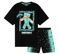 Minecraft Pyjamas Set for Boys & Teens 5-14 Years, Short Cotton PJs, Half-Sleeve Soft T-Shirt & Bottoms, Gamer Gift for Boys (Black/Blue, 7-8 Years)