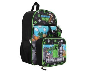 Minecraft School Backpack Set 5 Pieces - Backpack with Lunch Bag, Pencil Case, Keyring & Carabiner - Adventure Fashion Design for Boys