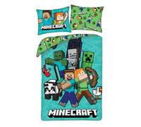 Minecraft Single Duvet Cover 140x200 + Pillowcase 70x90 Steve Alex Creeper | Reversible bedding | Soft microfibre quick dry | Panda official Minecraft licence | Gift | Machine washable | Gift idea