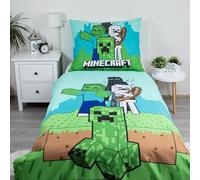 Minecraft Single Duvet Cover Set 140 x 200 cm with Large Pillowcase 70 x 90 cm, Epic Design "Mobs here" | Green Reversible 2 Sided Bedding Duvet Cover Official Minecraft Merchandise