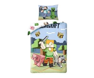 Minecraft Steve Alex Creeper Single Duvet Cover 140x200 + Pillowcase Gift | Reversible bedding | Ultra soft microfibre quick dry Oeko-Tex | Official Minecraft licence | Gift idea | Machine washable